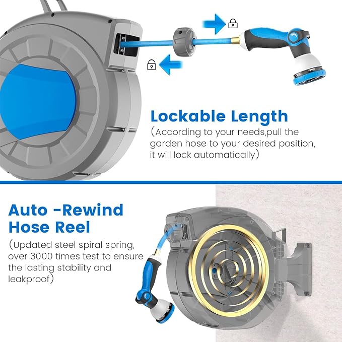 Retractable Garden Hose Reel, 1/2" x 100 ft + 6.5 ft Wall Mounted Water Hose Reel for Outside with 10 Pattern Nozzle, Automatic Slow Rewind System/Lock Any Length/180°Swivel