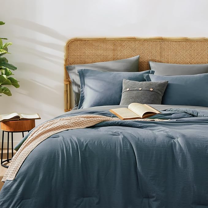 WRENSONGE Full Size Comforter Set- 7 Pieces Blue Grey Bed in a Bag Full Size Comforter with Fitted Sheet, Flat Sheet, 2 Pillow Shams, 2 Pillowcases, Warm Bedding Sets for All Season