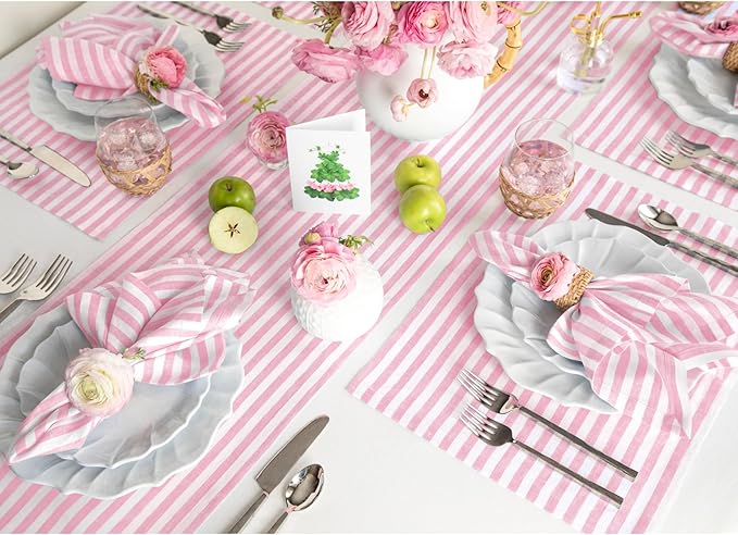 Solino Home Linen Placemats Set of 4 - Amalfi Stripe Cherry Blossom and White Placemats 14 x 19 Inch - 100% Pure Linen Place Mats