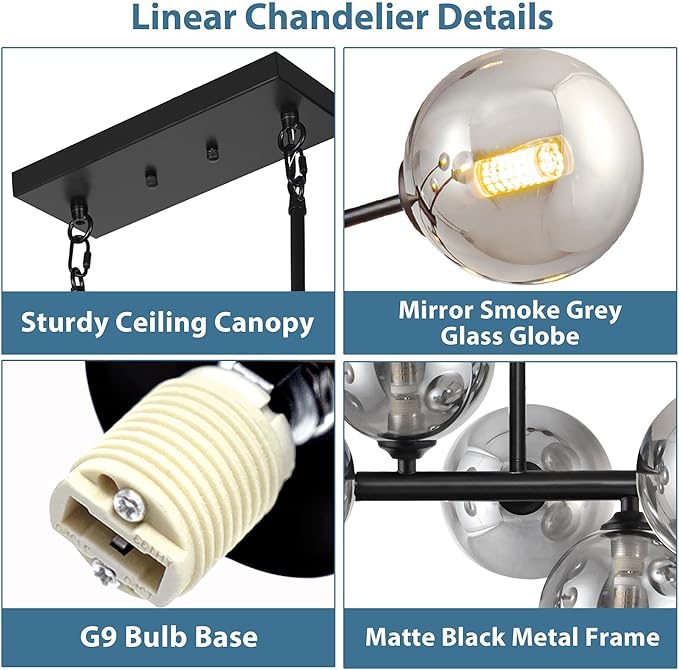 Linear Chandeliers for Dining Room, Glass Globe Sputnik Linear Chandelier Black with 22 Lights Smoky Gray Lampshade, Hanging Island Pendant Light for Kitchen, Oval Table, Farmhouse, Dia 70 Inch