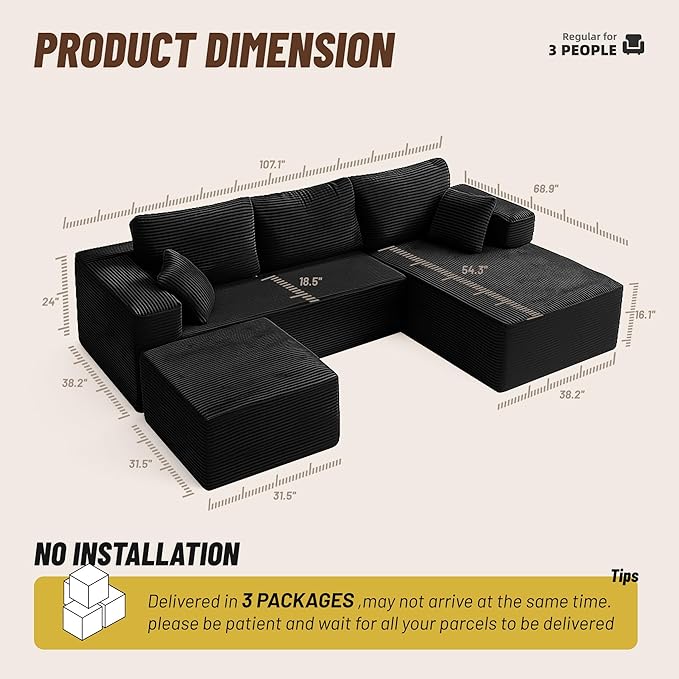 107" Boneless Couch with Deep Seat, Modular Sectional Sofa, Cloud Sectional Couch for Living Room, No Assembly Required, Corduroy, U-Shape 3 Seater Right, Black