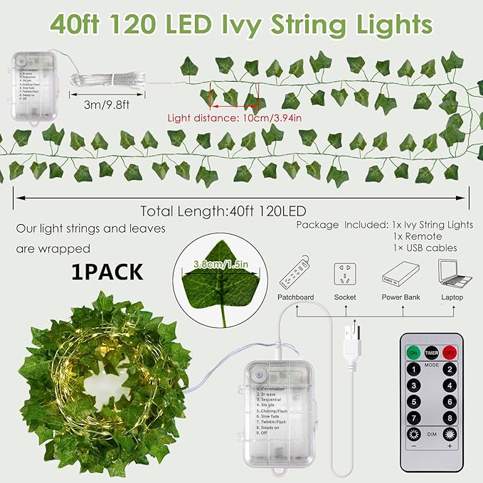 40ft 120 LED Vine Fairy Lights Battery Operated, 8 Modes & Timer Ivy String Lights with Remote, Green Leaf Lights for Indoor Bedroom Classroom Office Wall Garden Party Wedding Decor (Warm White)