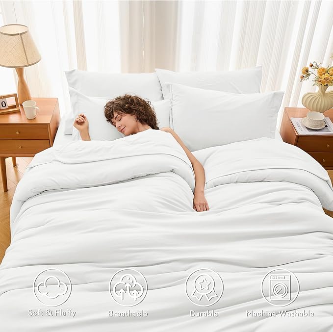 MUXHOMO 5 Pieces Twin Comforter Set, Soft Bed in a Bag Twin Size, All Season Bedding Set with Comforter, Flat Sheet, Fitted Sheet, Pillowcases & Shams, White