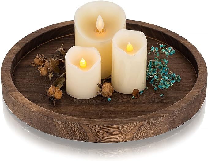 Wooden Decorative Tray Candle Holder: Romadedi Round Wood Tray Home Decor, Small Rustic Trays for Coffee Table, Ottoman, Table Centerpieces for Dining Room, Living Room, Farmhouse Kitchen
