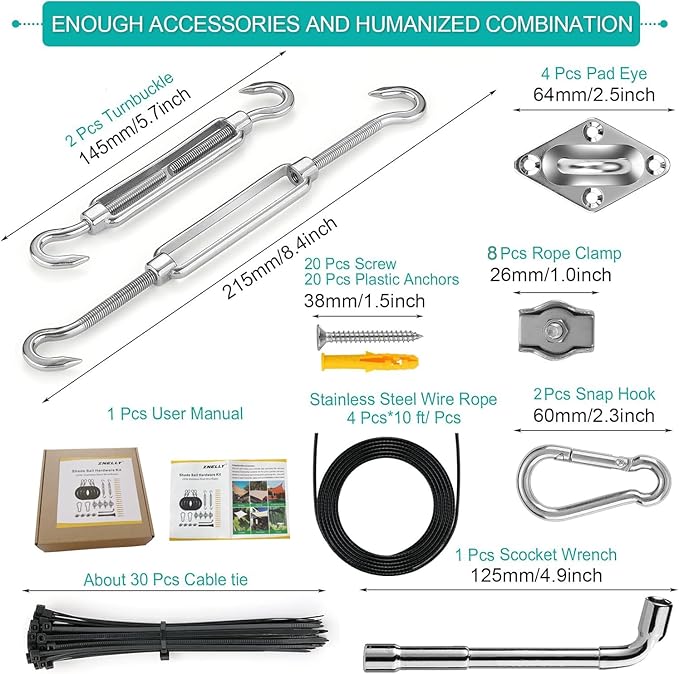 Shade Sails Installation Kits,Sun Shade Sail Hardware Kit with 4pcs 10ft Length Extension Nylon Wire Rope,Shades Awning Kit for Triangle Rectangle Shade Canopy,304 Stainless Steel, Patio Outdoor