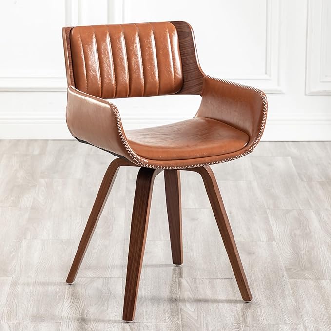 LUNLING Swivel Accent Faux Leather Dining Chairs Set of 4,Mid Century Modern Chairs with Wooden Legs/Armrest/Upholstered Seat/Adjustable Foots for Kitchen Dining Room Desk Chairs,Brown
