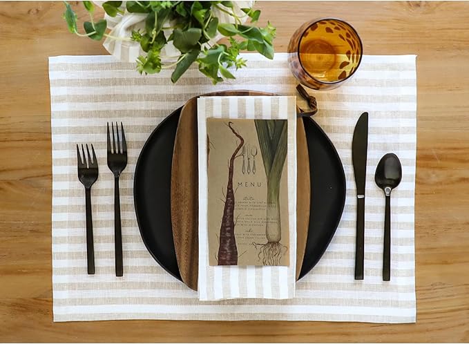 Solino Home Linen Placemats Set of 4 - Amalfi Stripe Natural and White Placemats 14 x 19 Inch - 100% Pure Linen Place Mats for Fall, Autumn, Thanksgiving, Christmas, Holiday