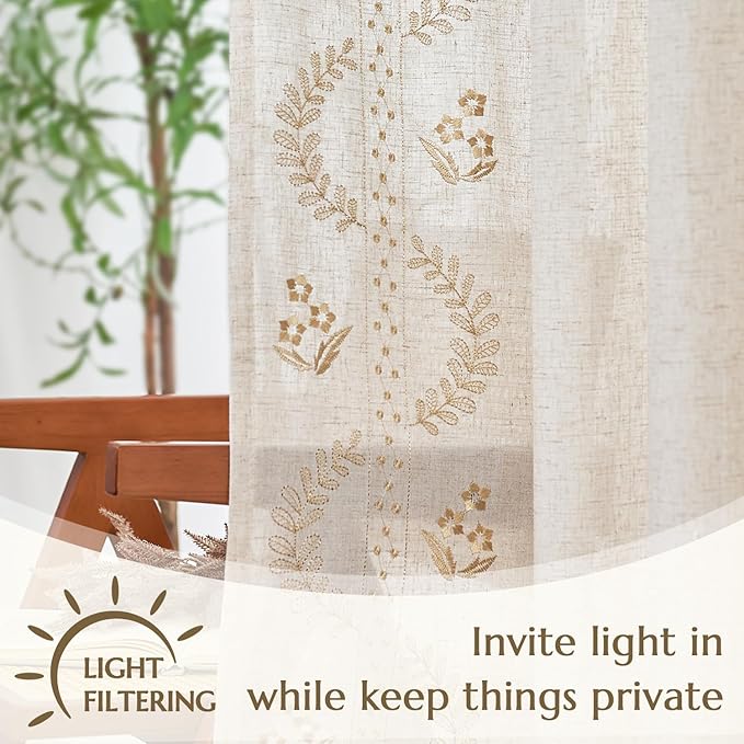 jinchan Belrose Linen Curtains for Bedroom Floral Curtains 90 Inch Length Linen Blend Beige Embroidered Drapes Farmhouse Flower Patterned Drapes for Living Room Window Treatments Set 2 Panels