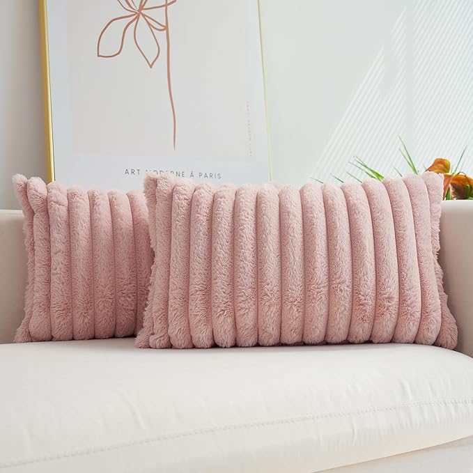 JOJUSIS Pack of 2 Faux Fur Plush Decorative Throw Pillow Covers Couch Cushion Case Soft Pillowcases (Pink, 12 x 20-Inch)