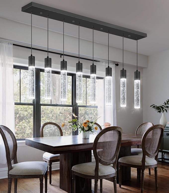 8-Lights Modern Crystal Chandeliers for Kitchen Island Pendants Lighting Fixture for Dining Room LED Ceiling Light for Hallway Foyer 6000K Black