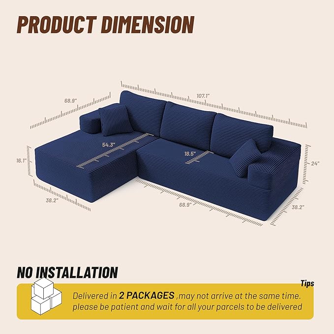 107" Boneless Couch with Deep Seat, Modular Sectional Sofa, Cloud Sectional Couch for Living Room, No Assembly Required, Corduroy, L-Shape Left，Blue