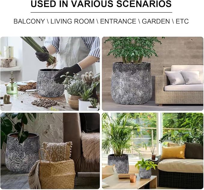 Craft flowerpots 18"+13"+9" Dia Round Concrete Planter Set of 3 Large Outdoor/Indoor Planter Pots Containers with Drainage Holes and Rubber Plug for Home Garden (Dark Gray, Large)