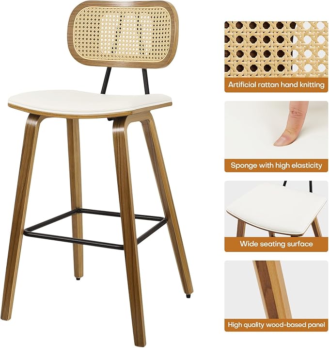 Counter Height Bar Stools Set of 4, 26" Mid Century Modern Rattan Bar Stools for Kitchen Counter PU Leather Upholstered Barstool with Wood Legs, Counter Height Island Stool Chair, Cream White & Walnut