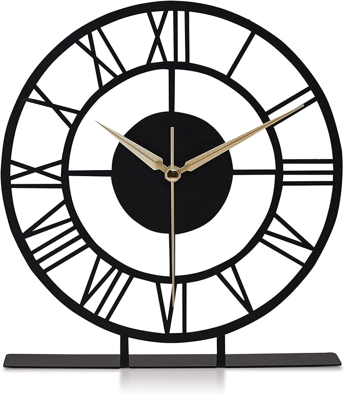 8.9x9.5 Metal Desk Clock, Black Round Silent Non-Ticking Analog Table Clock, Battery Operated, Decorative Desk and Shelf Clock, Desk Clocks for Living Room Bedroom Kitchen Office School