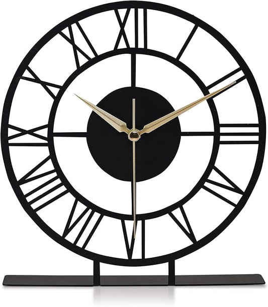 8.9x9.5 Metal Desk Clock, Black Round Silent Non-Ticking Analog Table Clock, Battery Operated, Decorative Desk and Shelf Clock, Desk Clocks for Living Room Bedroom Kitchen Office School