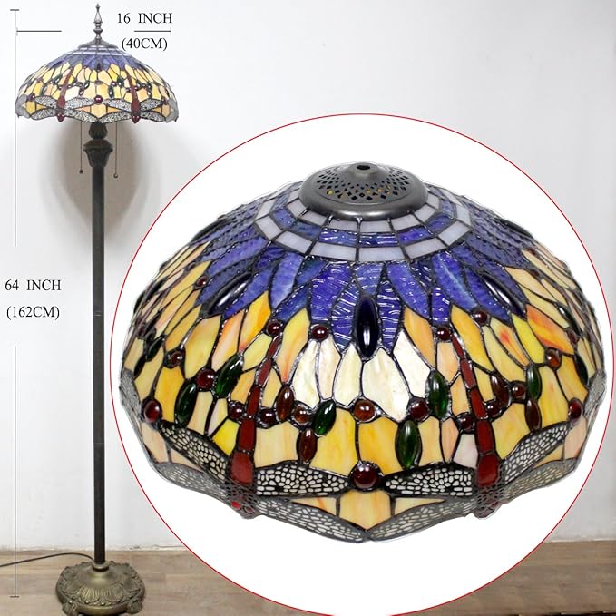 WERFACTORY Tiffany Floor Lamp Blue Yellow Dragonfly Stained Glass Standing Reading Light 16X16X64 Inches Antique Pole Corner Lamp Decor Bedroom Living Room Home Office S168 Series