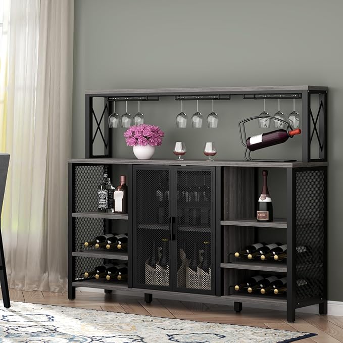 Bar Cabinet, 55 Inches Industry Coffee Bar Cabinet with Wine Rack and Glass Holder, Kitchen Sideboard Buffet Cabinet with Wine Rack Storage for Liquor and Glasses (Rustic Grey)