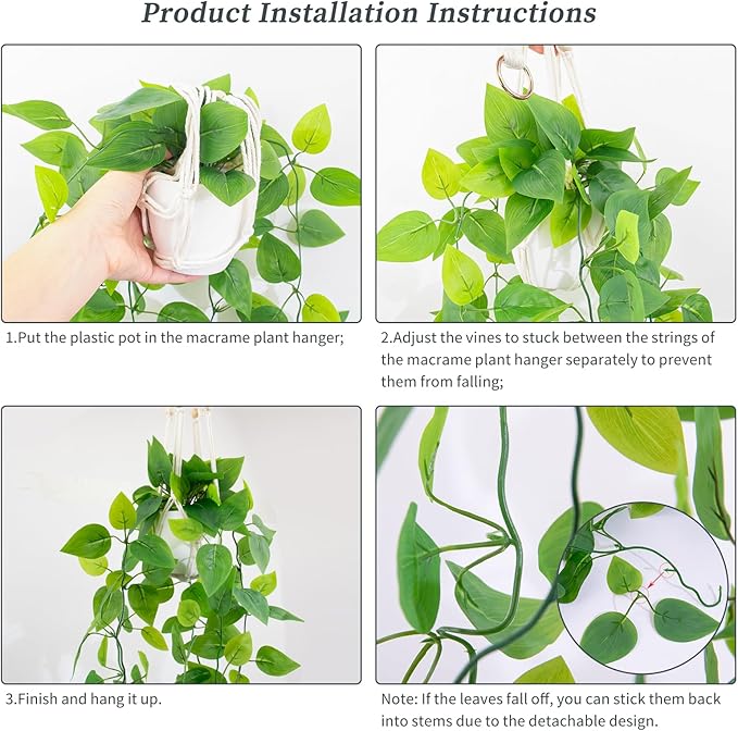 LOYWREE 1 Pack Artificial Hanging Plant Kit with Pot and Hanger - 39" Long Fake Pothos Vines - Hanging Potted Faux Plant Indoor for Wall Ceiling Bedroom Bathroom Living Room Home Decor (White Pot)
