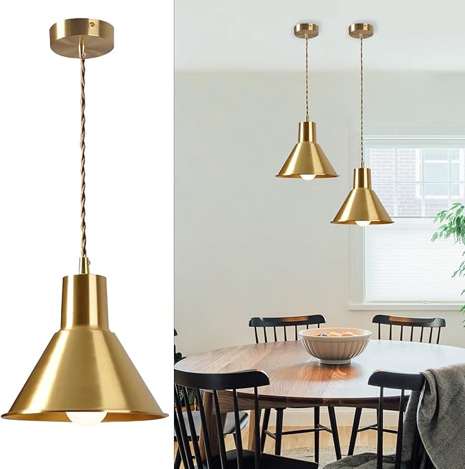 KCO Lighting Brushed Gold Pendant Lighting Modern Cone Pendant Light Brass Mini Hanging Kitchen Island Light Fixture Mid Century Vintage Hanging Ceiling Lamp