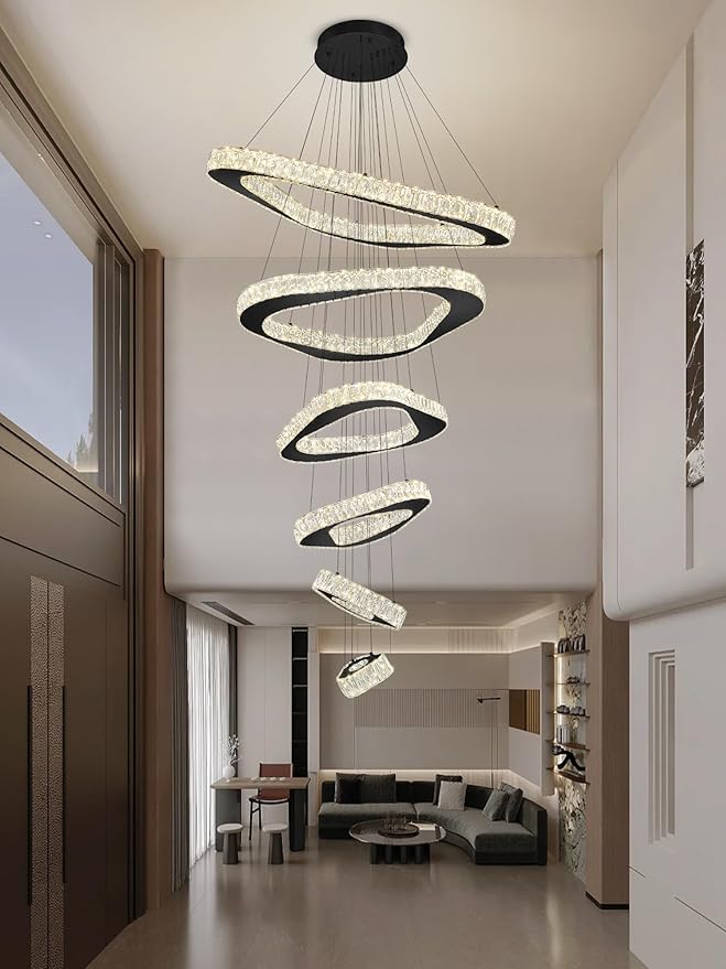 Modern Crystal Chandeliers for High Ceiling 6 Ring Chandelier LED Black Ceiling Lights Fixtures High Ceiling Chandelier for Foyer Staircase Living Room Dining Room 2700K-6000K