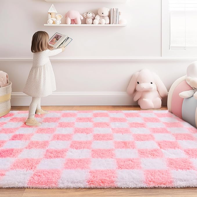 Checkered Rug for Living Room 8x10, Ultra Fluffy Fuzzy Shag Large Area Rug for Bedroom, Modern Plush Soft Upgrade Non-Slip Carpet for Kids and Girls Room Dorm Home Decor, Pink and White