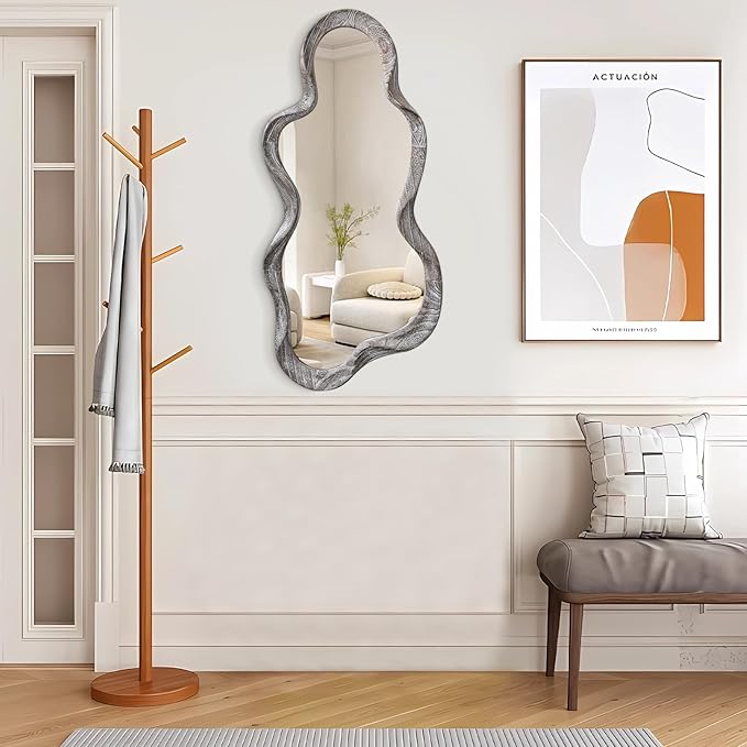 Asymmetrical Cloud Wavy Mirror, Modern Wood Frame, Unique Artistic Decor for Cloakroom, Bedroom, Living Room, Bathroom, Entryway, White, 30"L x 14"W