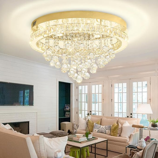 24" Modern Crystal Chandeliers for Dining Room Gold Ceiling Chandelier Flush Mount Crystal Ceiling Light for Bedroom Living Room Hallway