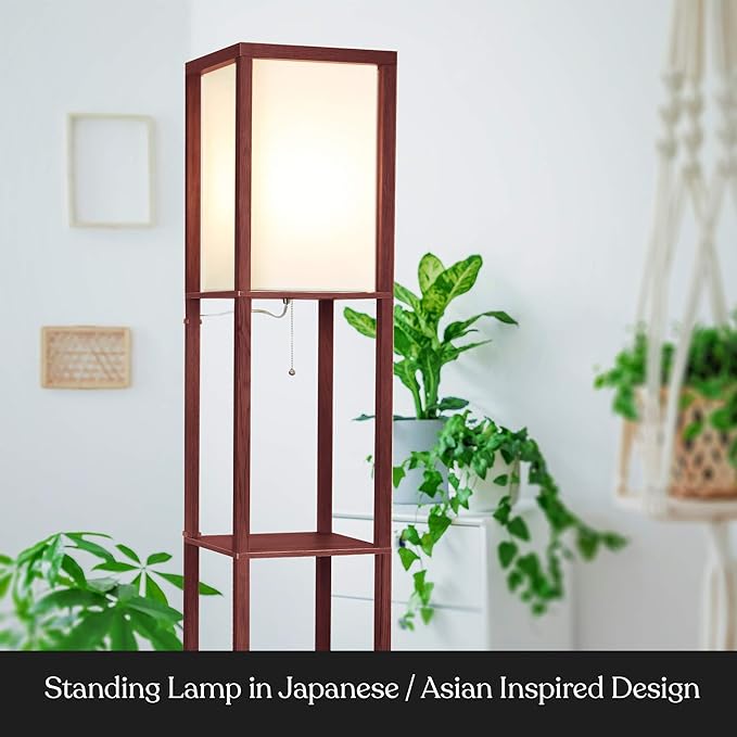 Brightech Maxwell - Modern Shelf Floor Lamp with Lamp Shade and LED Bulb - Corner Display Floor Lamps with Shelves for Living Room, Bedroom and Office - Walnut Brown