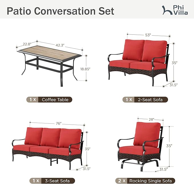 PHI VILLA Outdoor Modern Patio Furniture Set, Upgraded Wicker&Metal Patio Furniture Conversation Set with Waterproof Thick Cushions for Porch, Poolside, Deck, and Yard (5 Pieces,Red)