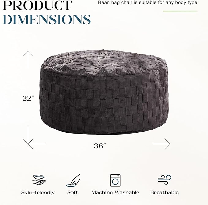 Hobestluk Bean Bag Chairs Beanbag Chair with Filler Adult Bean Bags with Fluffy Plaid Cover, Giant Bean Bag Chairs for Adults for Living Room, Bedroom (Dark Grey, 3FT - 36” x 36” x 22”)