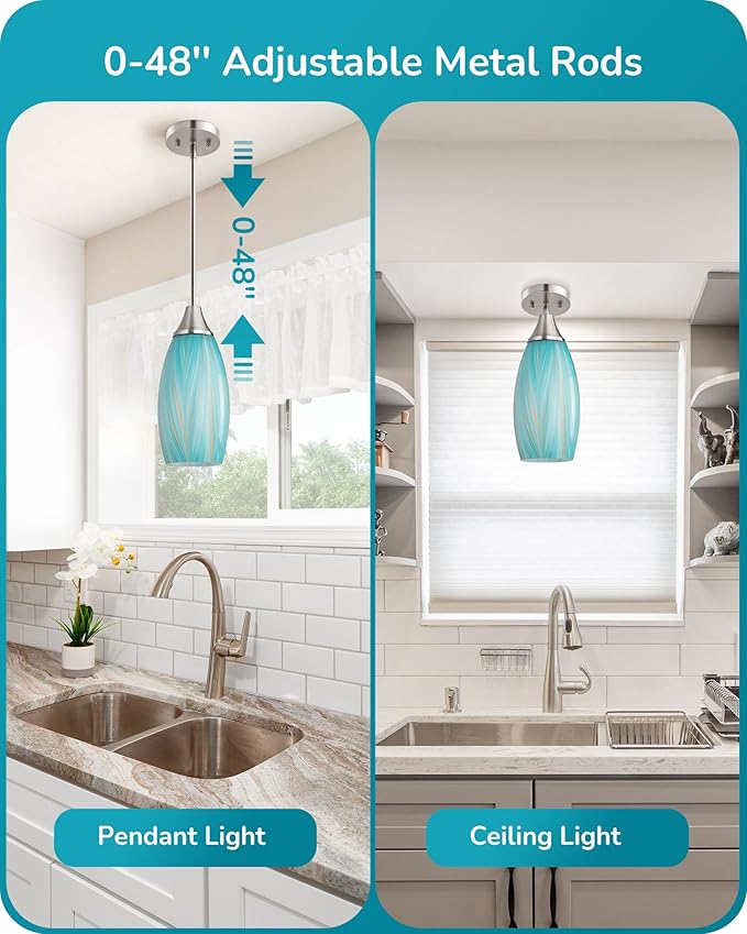 EDISHINE Pendant Lights Kitchen Island, Blue Handcrafted Art Glass Hanging Light, Blown Glass Pendant Light Fixtures Teal with Gold, Adjustable Brushed Nickel Rods, Hardwired Over Island Bar E26