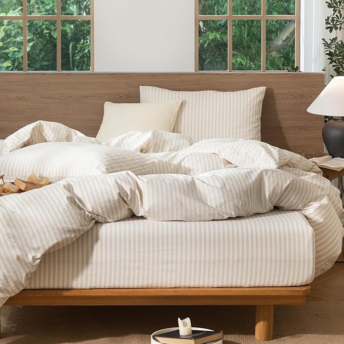 MooMee Striped Duvet Cover Set 100% Washed Cotton Linen Like Textured Breathable Durable Soft Comfy (Almond Milk Grey Classic Stripes, Twin 68"x90")