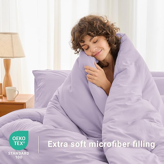 MUXHOMO 5 Pieces Twin Comforter Set, Soft Bed in a Bag Twin Size, All Season Bedding Set with Comforter, Flat Sheet, Fitted Sheet, Pillowcases & Shams, Lavender
