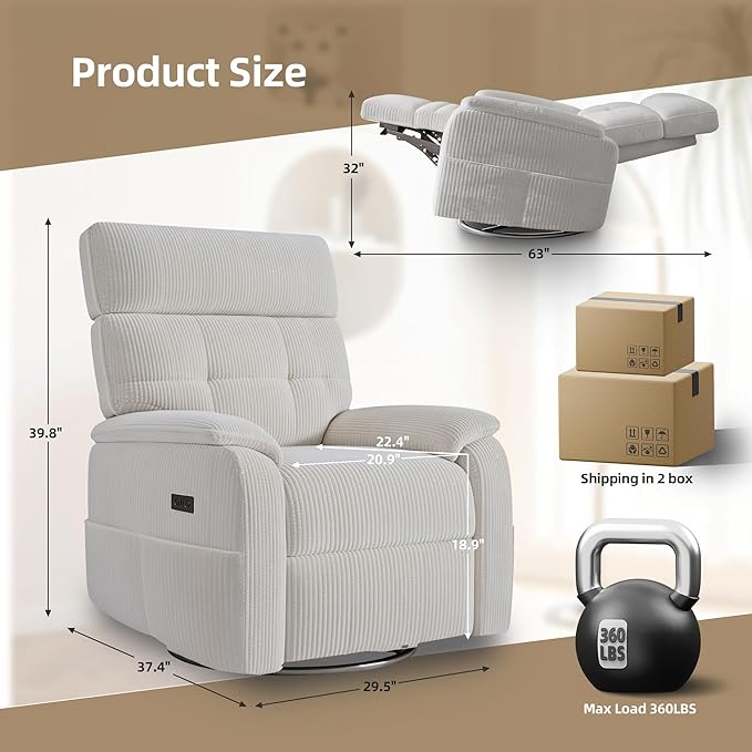 Overized Power Swivel Rocker Recliner Chair,Comfy Corduroy Sofa Reclining for Adults,Adjustable Rocker Reclining Sofa Lounge with USB&Type-C Ports,Side Pocket, for Living Room,White