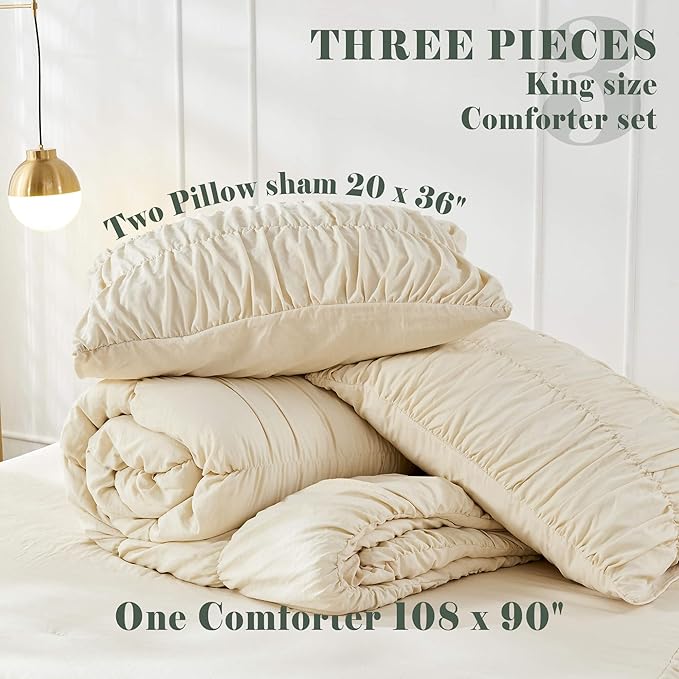 King Size Comforter Set Bedding - Ruched Wheat Comforter King Bed Set Boho Shabby Chic Bedding for Bedroom Comforter Fluffy 3 Piece Ruffle Comforter Set with Pillow White Soft and Luxury