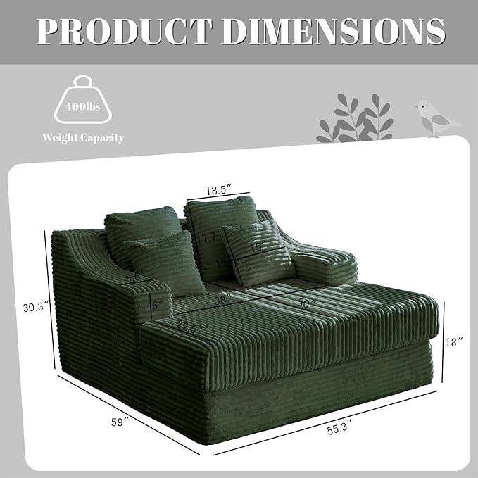 Chaise Lounge Sofa Chair Indoor Cozy Sofa Bed Oversized with Four Pillow Fluffy Upholstered Sleeper Sofa Chair for Living Room Bedroom Office Liesure No Assembly Required（Green）