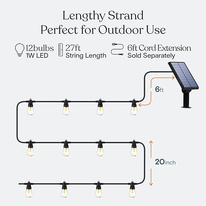 Brightech Ambience Pro Solar Powered Outdoor String Lights -27 ft Commercial Grade Waterproof Edison Patio Lights, Shatterproof LED String Lights for Outside, Porch - 12 Bulbs, 1W Soft White