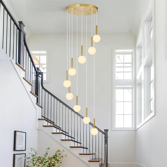 9-Lights Gold Chandelier with Milk White Glass Mid Century Modern Globe Pendant Light for Foyer Living Room Entryway Hallway