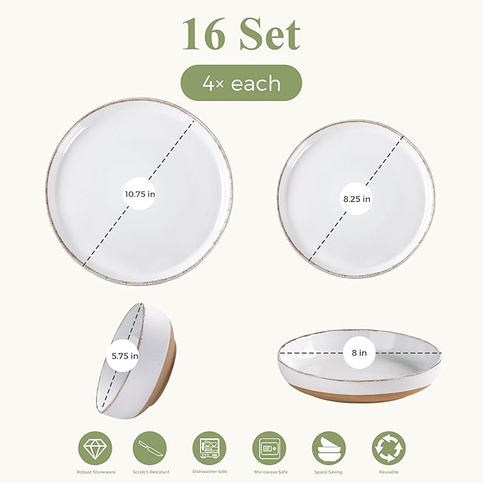 AmorArc 16 Pieces Ceramic Dinnerware Sets for 4, Handpainted Plates and Bowls Set with Rustic Terracotta Underside, Scratch Resistant Stoneware Dishes Set, Dishwasher & Microwave Safe, White