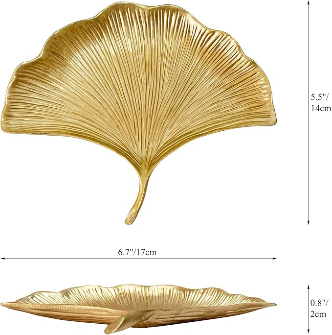 Metal Jewelry Dish, Small Leaf Shaped Ring Holder Jewelry Organizer, Trinket Dish Vanity Tray for Dresser Christmas Birthday Wedding Gifts Large Ginkgo-Gold