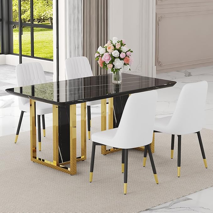 TesNus 63" Black Dining Table Set for 4 with Chairs,Modern Faux Marble Rectangular Kitchen Table and Chairs Set Luxury 5 Piece Dining Room Set with Gold Metal Legs,Easy Assemble,Stable Base