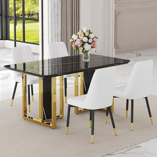 TesNus 63" Black Dining Table Set for 4 with Chairs,Modern Faux Marble Rectangular Kitchen Table and Chairs Set Luxury 5 Piece Dining Room Set with Gold Metal Legs,Easy Assemble,Stable Base