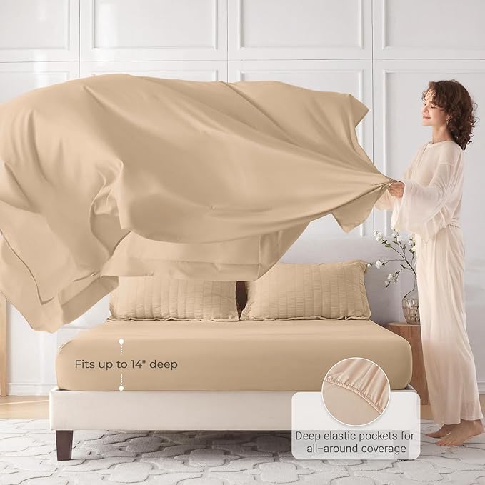 MUXHOMO 7 Pieces King Comforter Set, Seersucker Bed in a Bag King Size, All Season Luxury Bedding Set with Comforter, Flat Sheet, Fitted Sheet, Pillowcases & Shams, Khaki