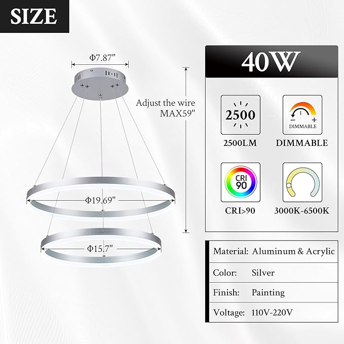 Modern LED Chandelier Silver 2-Rings Pendant Light Circular Flush Mount Ceiling Chandelier Lighting with Remote Control for Bedroom Living Room Dining Room Entrance, 3000K-6500K