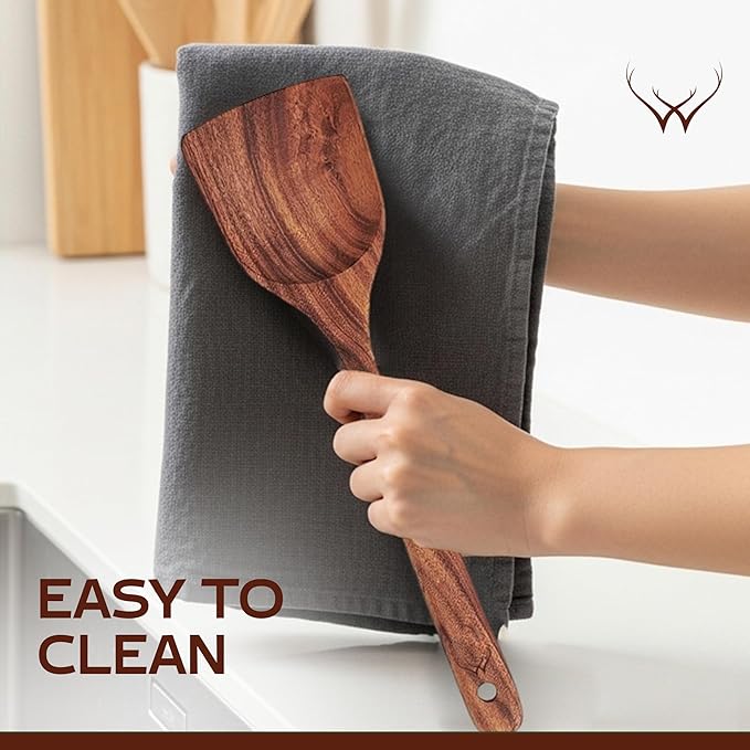 7 Pcs Teak Wooden Kitchen Utensils – Handcrafted Wooden Cooking Utensils Set with Holder, Elegant Wooden Spoons for Cooking & Timeless Utensil Set for Daily Use - Teak Utensils Set for Cooking