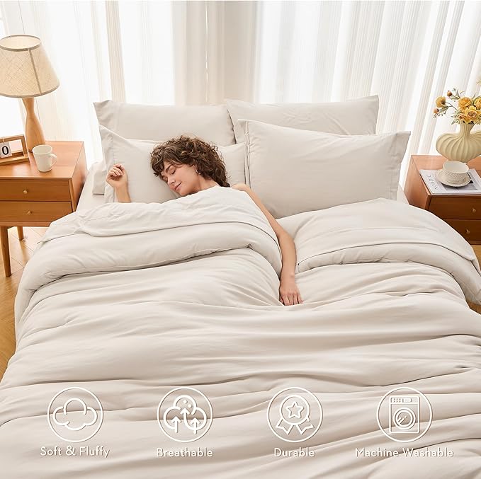 MUXHOMO 7 Pieces Full Comforter Set, Soft Bed in a Bag Full Size, All Season Bedding Set with Comforter, Flat Sheet, Fitted Sheet, Pillowcases & Shams, Beige