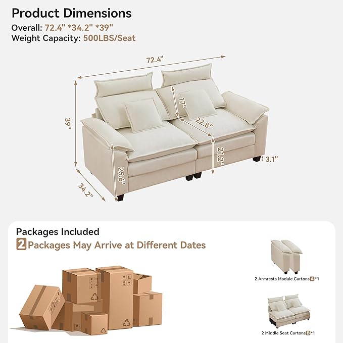 72'' Cloud Modern Loveseat Couch with Detachable Headrest, Modular Sectional Sofa Couch Deep Love Seat, Oversized 2 Seater Chenille Comfy Sofa with Armrests for Living Room, Beige