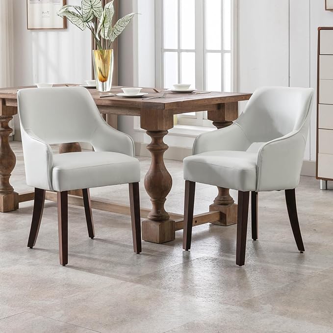 Farmhouse Dining Chairs Set of 6 PU Leather Upholstered Accent Side Chair Wood Kitchen Chairs for Living Room/Dining Room/Bedroom/Restaurant, Upgraded Size, White