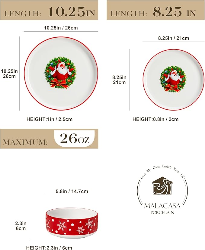 MALACASA Plates and Bowls Sets, 18 Pieces Christmas Porcelain Dinnerware Set for 6, Ceramic Dishware Dishes Kitchen Dinner Dining Ware Set, Microwave and Dishwasher Safe, Series LUNA-Santa Claus