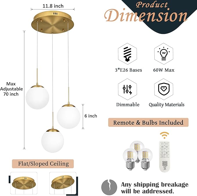 KoKo&Yukina 3-Light Globe Glass Pendant Light Modern Gold Globe Chandelier Adjustable Length Pendant Light Fixtures Milky White Glass Lights Fixture for Hallway Living Room Bedroom